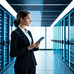 A professional female data architect in a modest business suit, fully clothed, standing amidst a high-tech, futuristic data center. Illuminated server racks and abstract, glowing lines representing seamless data streams and integrated data fabrics fill the background, flowing into complex analytical dashboards displayed on transparent screens. The scene captures the essence of a meticulously designed data ecosystem. safe for work, appropriate content, professional, perfect anatomy, correct proportions, natural pose, well-formed hands, proper finger count, natural body proportions, professional photography, high quality.