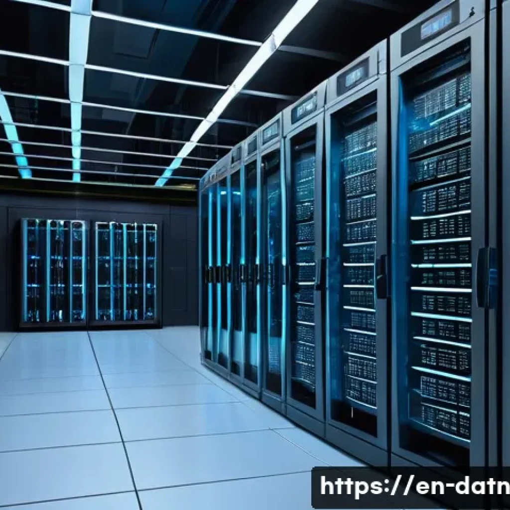 빅데이터 분석 프레임워크 베스트 프랙티스 - A futuristic data center interior showcasing a vast, high-tech environment filled with rows of glowi...