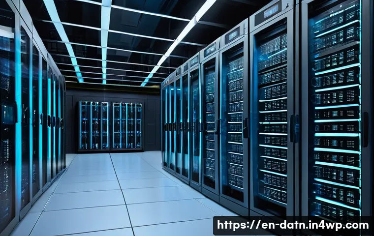빅데이터 분석 프레임워크 베스트 프랙티스 - A futuristic data center interior showcasing a vast, high-tech environment filled with rows of glowi...