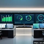 최신 빅데이터 분석 기법과 프레임워크 - A futuristic control room filled with large interactive dashboards displaying real-time data streams...