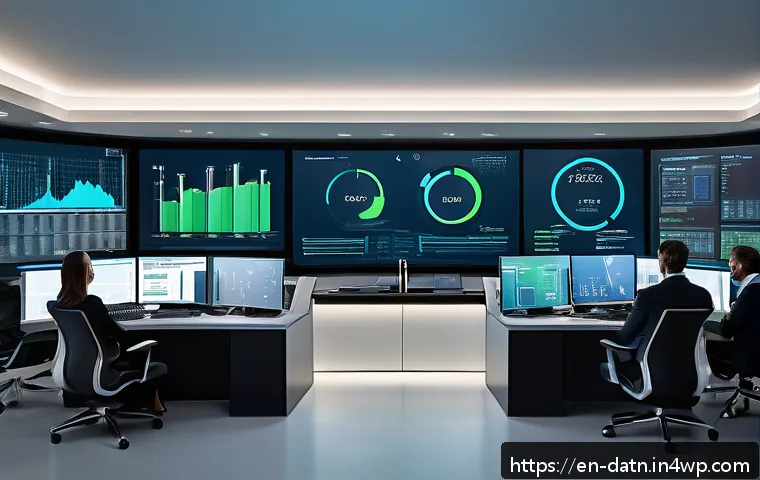최신 빅데이터 분석 기법과 프레임워크 - A futuristic control room filled with large interactive dashboards displaying real-time data streams...