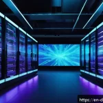 빅데이터 분석 프레임워크의 성능 벤치마킹 - A futuristic data center interior showcasing a large-scale big data processing cluster with rows of ...