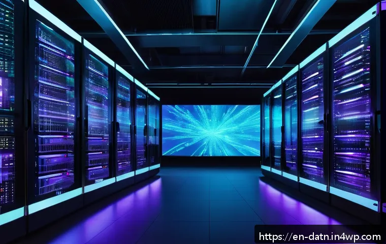 빅데이터 분석 프레임워크의 성능 벤치마킹 - A futuristic data center interior showcasing a large-scale big data processing cluster with rows of ...