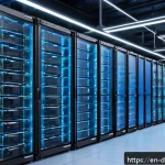빅데이터 분석 프레임워크의 확장성 평가 - A futuristic data center environment showcasing a modular microservices architecture: multiple trans...