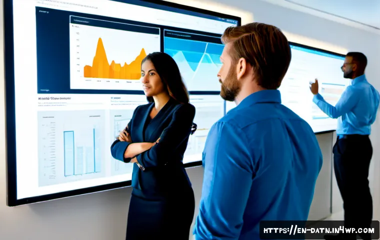 빅데이터 분석 프레임워크의 장단점 - Photorealistic modern data analytics office, diverse team of professionals collaboratively reviewing...