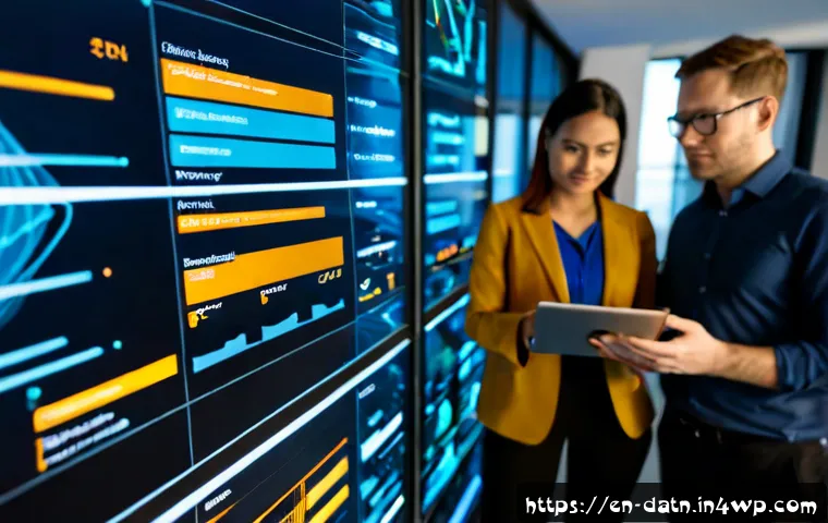 빅데이터 분석 프레임워크의 미래 기술 - Photorealistic modern data analytics laboratory, diverse team of engineers collaborating around a la...